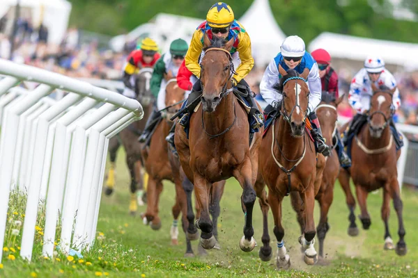 Stockholm Švédsko Června 2022 Racinghorse Jockeys Out Curve Nationaldagsgaloppen Stockholm — Stock fotografie