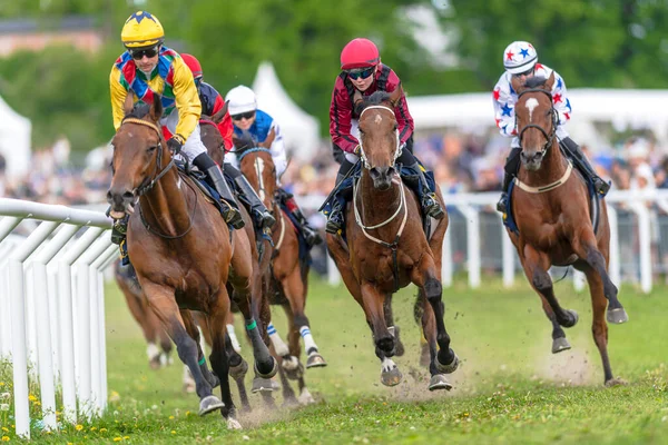 Stockholm Sverige Juni 2022 Tävlingshästar Med Jockeyer Kurva Vid Nationaldagsgaloppen — Stockfoto