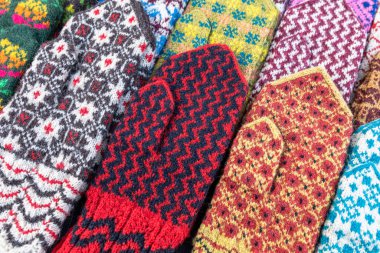 Traditional hand-crocheted mittens in colorful designs. Tallinn, Estonia