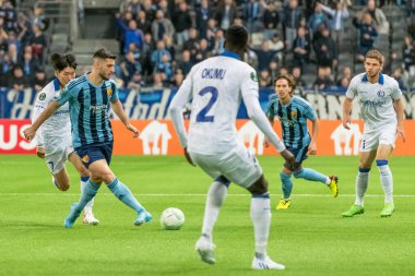 STOCKHOLM, SwEDEN - OCT 13 2022: DjurGardens IF (DIF) - UEFA Avrupa Konferans Ligi 'nde KAA Gent' e karşı Stockholm 'deki Tele2 arenasında. Son sonuç 4-1