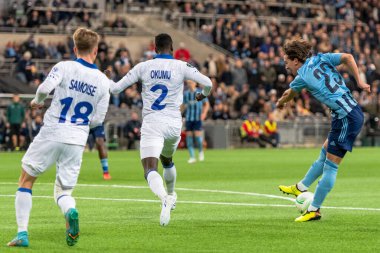 STOCKHOLM, SwEDEN - OCT 13 2022: DjurGardens IF (DIF) - UEFA Avrupa Konferans Ligi 'nde KAA Gent' e karşı Stockholm 'deki Tele2 arenasında. Son sonuç 4-1