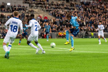 STOCKHOLM, SwEDEN - OCT 13 2022: DjurGardens IF (DIF) - UEFA Avrupa Konferans Ligi 'nde KAA Gent' e karşı Stockholm 'deki Tele2 arenasında. Son sonuç 4-1