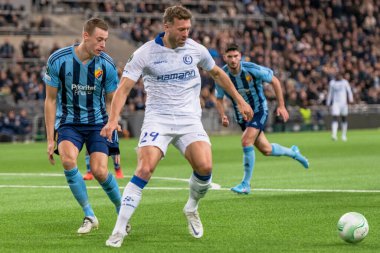 STOCKHOLM, SwEDEN - OCT 13 2022: DjurGardens IF (DIF) - UEFA Avrupa Konferans Ligi 'nde KAA Gent' e karşı Stockholm 'deki Tele2 arenasında. Son sonuç 4-1