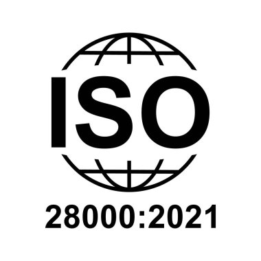 Iso 28000: 2021 simgesi. Güvenlik Yönetim Sistemleri. Standart kalite sembolü. Beyaz arkaplanda vektör düğmesi işareti izole edildi .