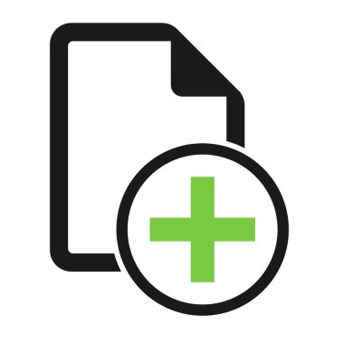 Beyaz arkaplanda yeşil artı izole edilmiş dosya düz simgesi. Yeni belge sembolü vektör illüstrasyonu .