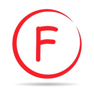 F sınıfı, gölgeli. Kırmızı renkli el çizimi simgesi. Test sınav işareti rapor vektör illüstrasyonu .
