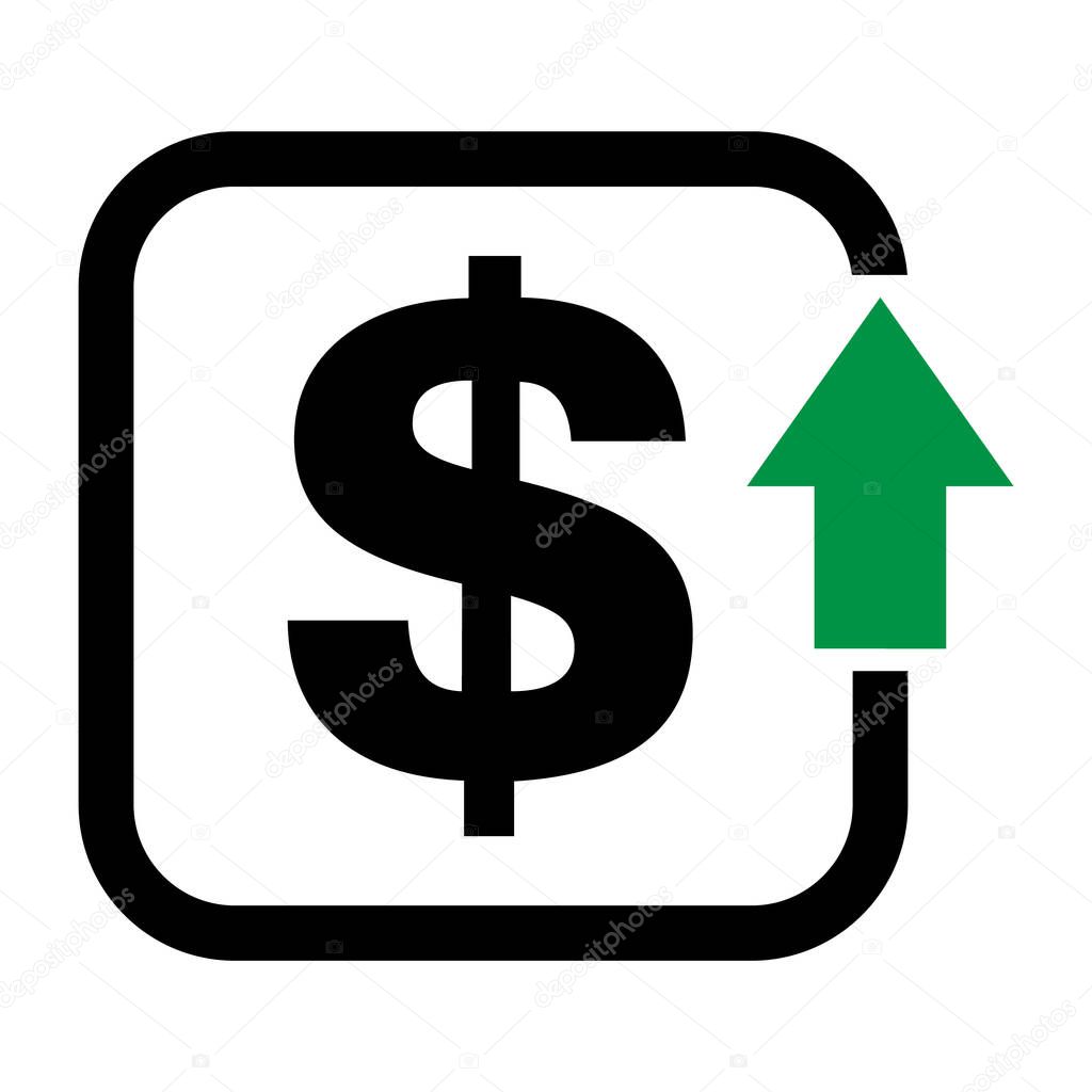 Cost symbol dollar increase icon. Income vector symbol image isolated on background .