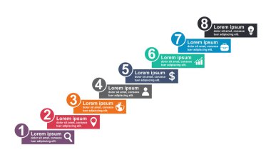 Simgeli ve 8 basamaklı bilgi işi konsepti tasarımı. Basit grafik sunum şablonu. Soyut vektör illüstrasyonu .