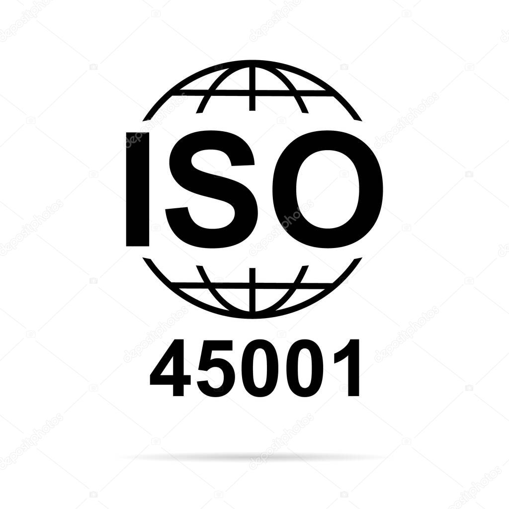 Iso 45001 icon. Occupational Health and Safety. Standard quality symbol. Vector button sign isolated on white background .