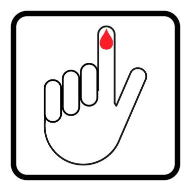 Kan damlası ikonu olan el parmağı, sağlık testi sembolü, kontrol ölçüm vektörü illüstrasyonu .