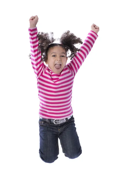 Lilla flickan hoppar av glädje — Stockfoto
