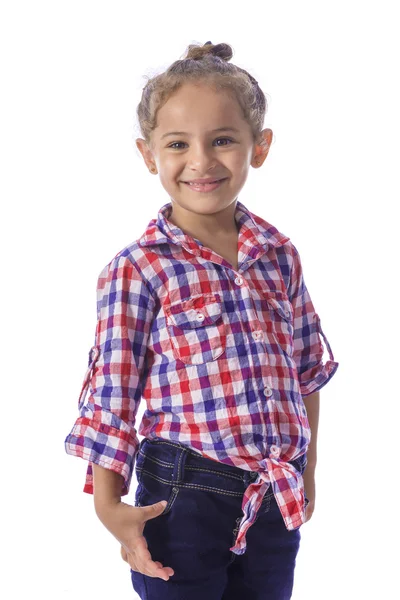 Dívka v kostkované košili a džínách — Stock fotografie