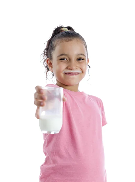 Menina feliz com copo de leite — Fotografia de Stock