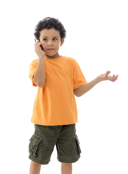 Malý chlapec s telefonní hovor — Stock fotografie