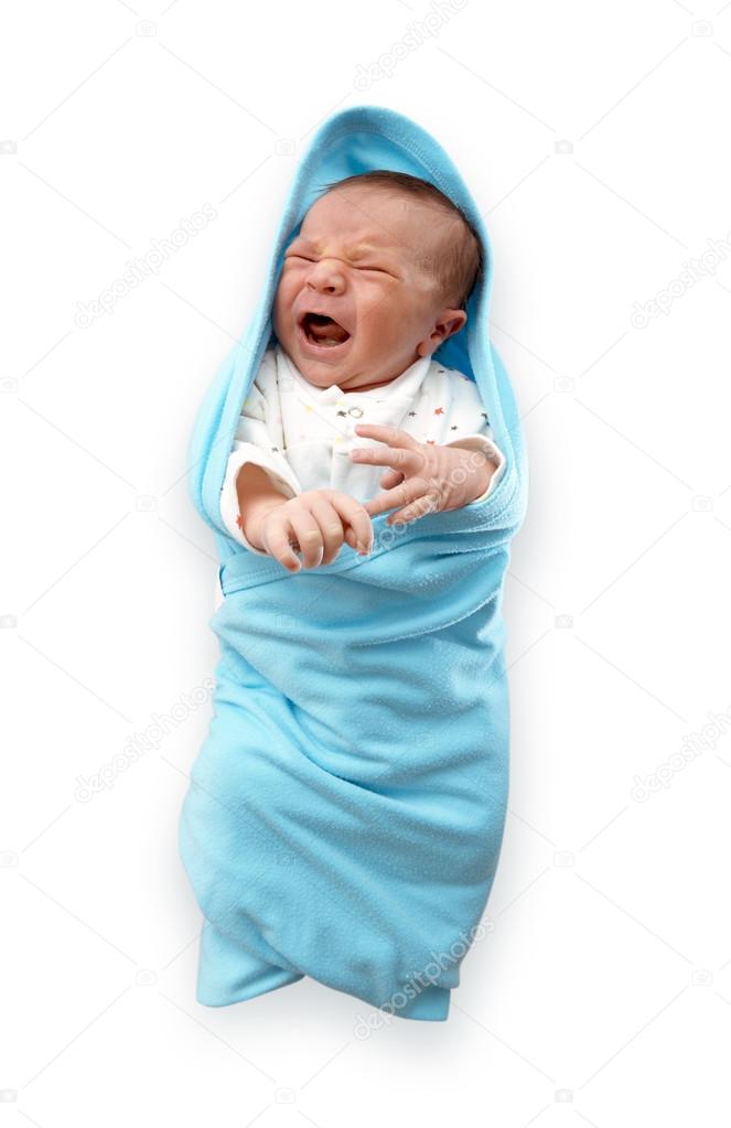 Crying Baby in Blue Blanket