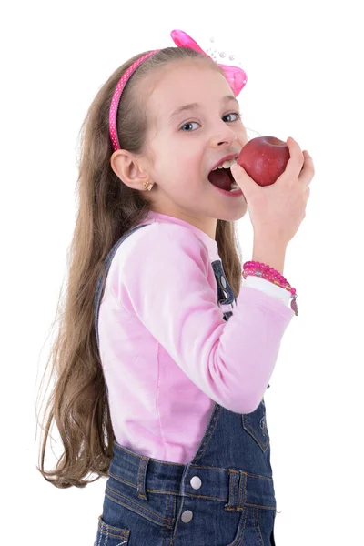 Jovem loira menina comer maçã — Fotografia de Stock