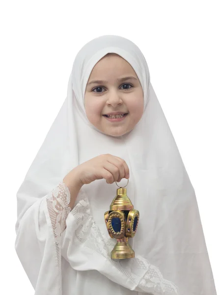 Young Girl in Islamic Hejab with Ramadan Lantern — Stok Foto