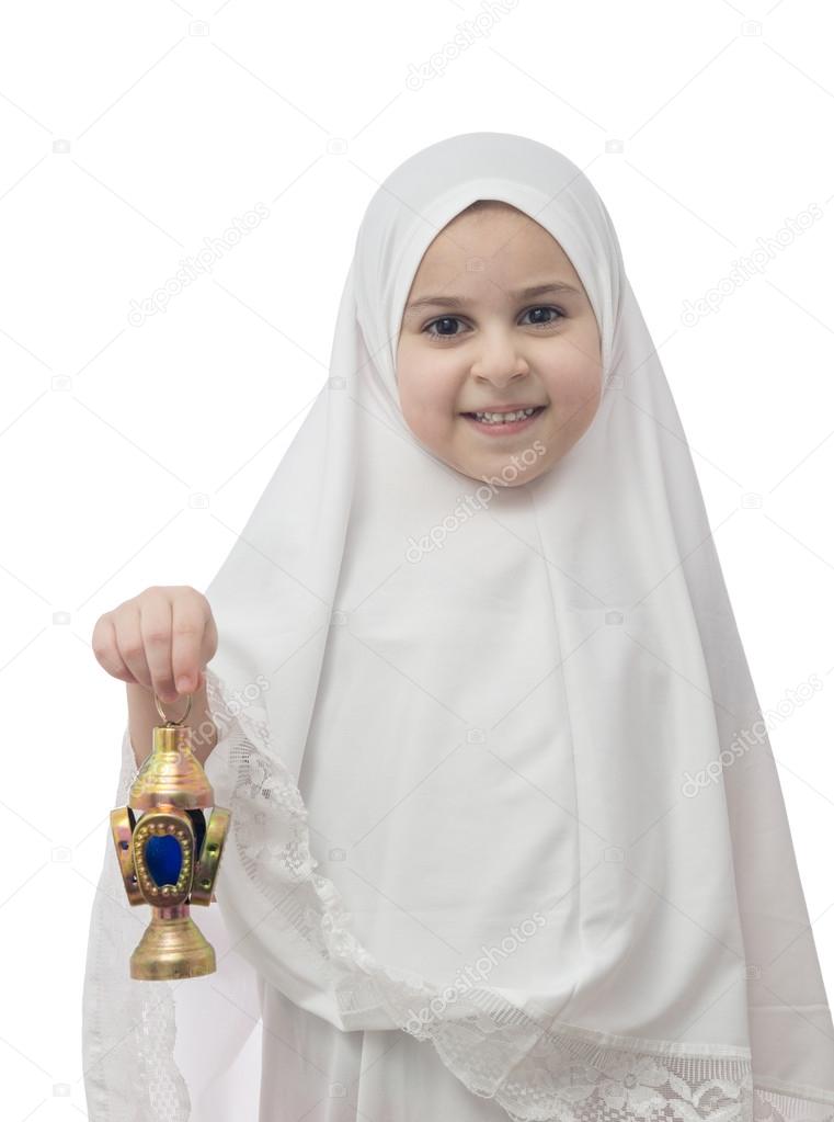 Muslim Girl in White Hejab with Ramadan Lantern