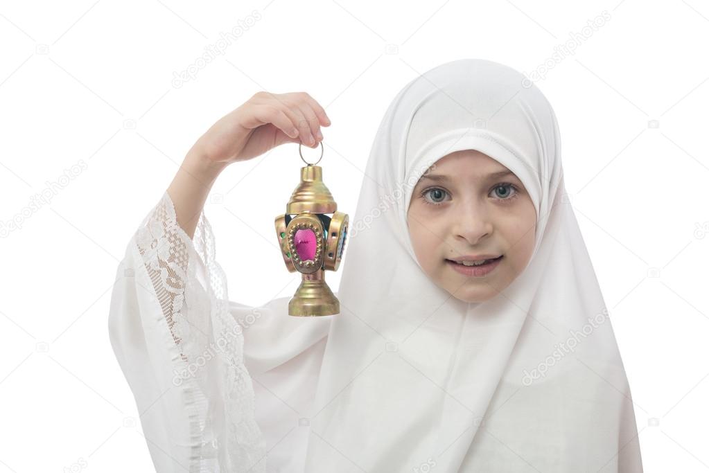 Young Muslim Girl  in Hejab Holding Ramadan Lantern