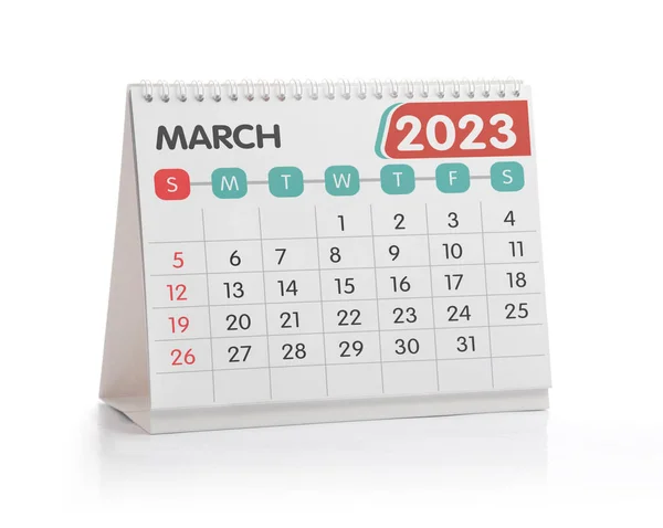 Marzec 2023 Kalendarz Biurowy Izolowany Bieli — Zdjęcie stockowe