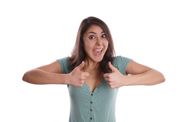 Happy young woman with thumbs up — Stock Photo, Image
