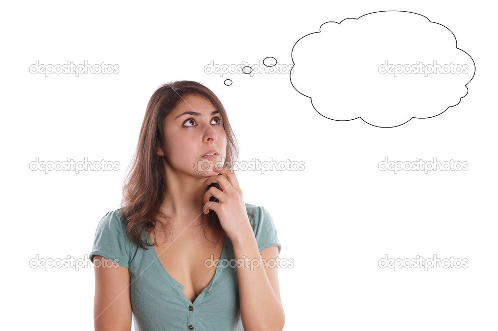 pensive young woman with thought bubble