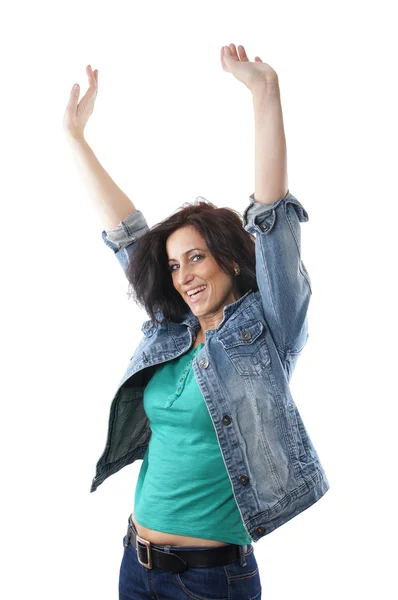 Middle aged woman cheering with raised arms — Stock Photo, Image