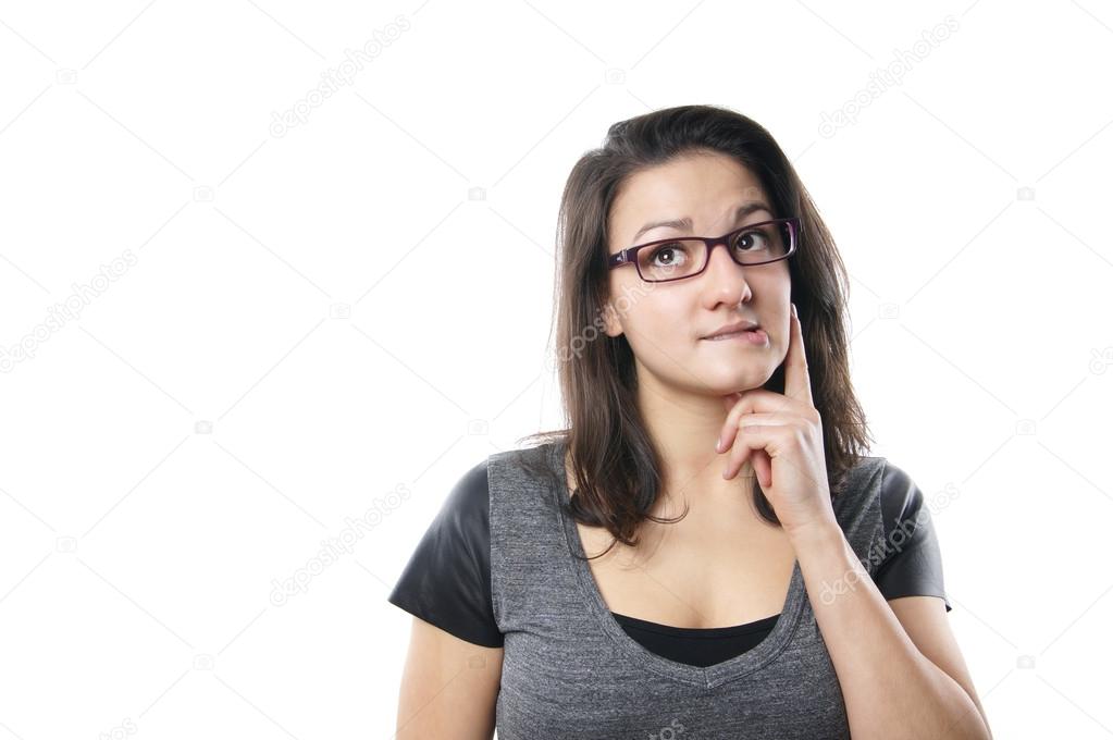 worried young woman with glasses