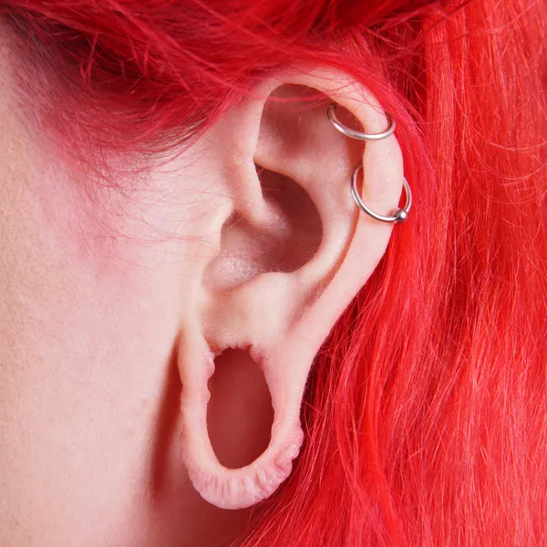 Stretched ear lobe piercing — Stock Photo, Image