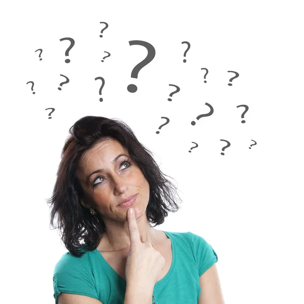 Mature woman with question marks — Stock Photo, Image