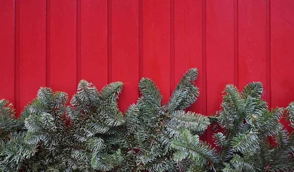 Fondo de Navidad con madera roja y ramitas de abeto verde — Foto de Stock