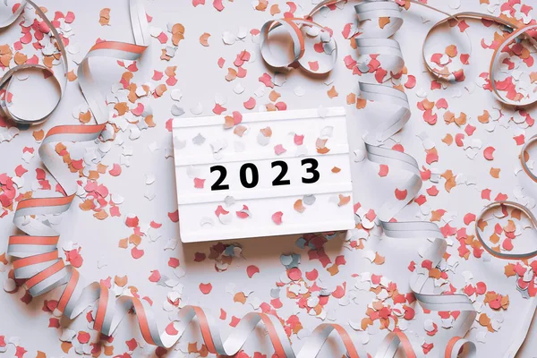 Happy New Year 2023 Celebration Flat Lay Confetti Streamers Silver — Stock Photo, Image