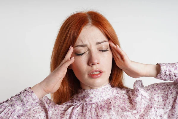 Mid Adult Woman Suffering Headache Migraine Massaging Her Temples Closed — Stock Fotó