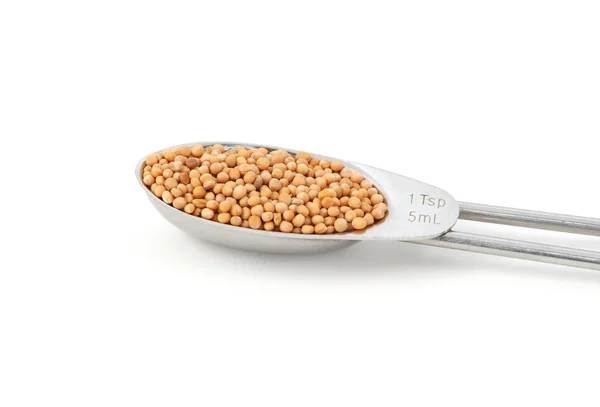 Целые семена горчицы, измеренные в металлической чайной ложке — стоковое фото