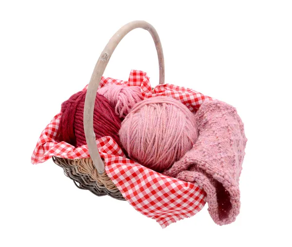 Pink balls of yarn with knitting in a basket — Stock Photo, Image