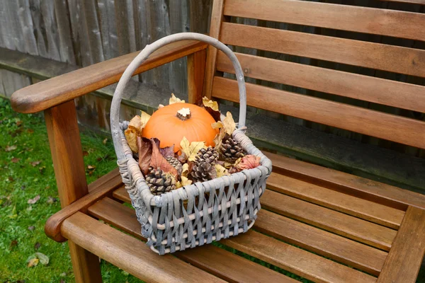 Basket with pumpkin, leaves and fir cones on a bench — Stock Photo, Image