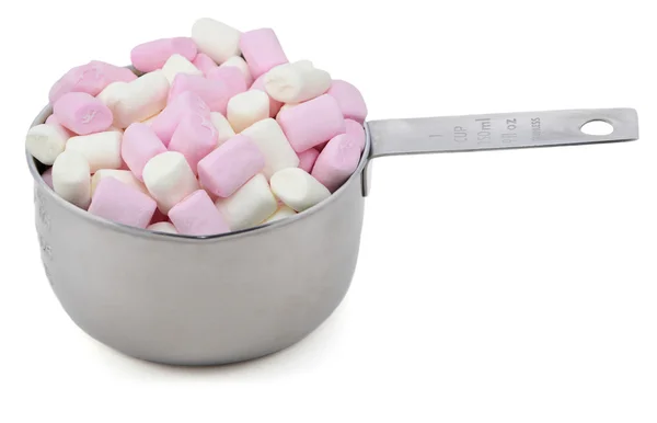 Pink and white mini marshmallows in an American cup measure — Stock Photo, Image