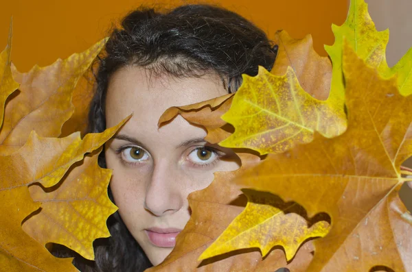 Dospívající holčička v pomerančové listí — Stock fotografie