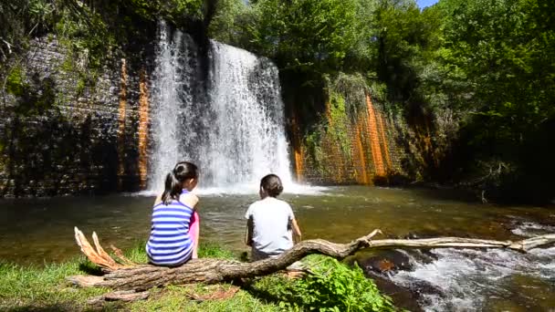 Rodiny děti baví, baví poblíž barevný vodopád v lese — Stock video