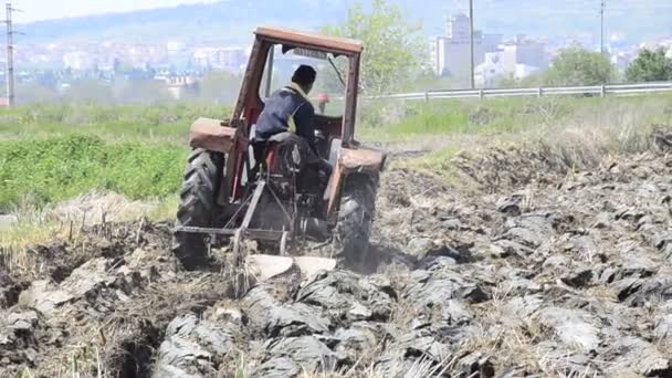 HD: Trekker ploegen landbouw — Stockvideo