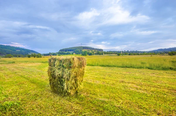 Úrodu polí a balíky slámy na krásné rané západu slunce na obloze — Stock fotografie