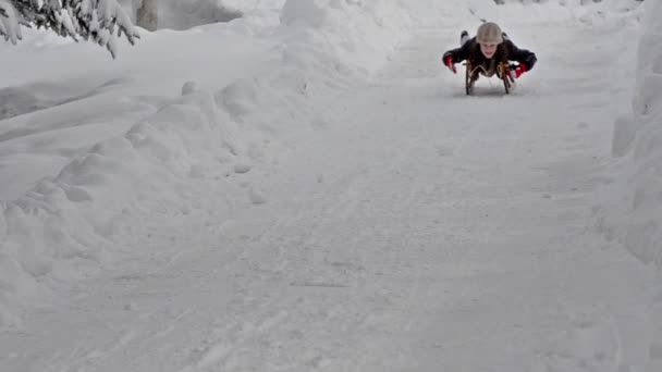 Child having fun on a sleigh — Stock Video