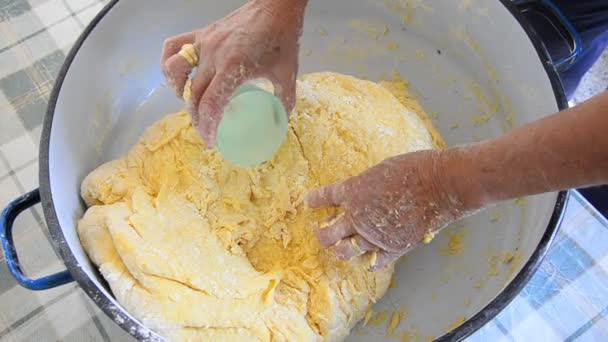 Mãos femininas amassar massa na mesa — Vídeo de Stock