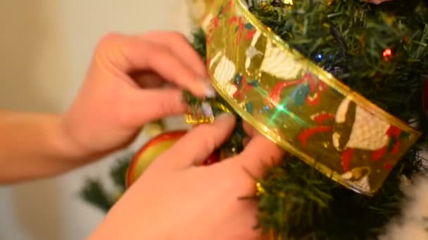Putting ribbon ornament on Christmas tree — Stock Video