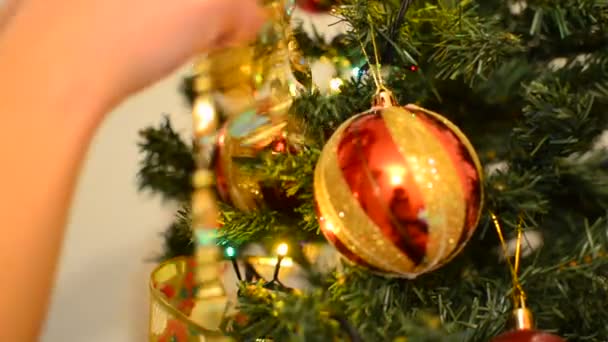 Putting colorful ball ornament on Christmas tree — Stock Video