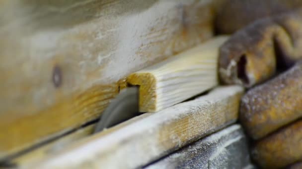 Snijden van hout met tabel cirkelzaag. — Stockvideo