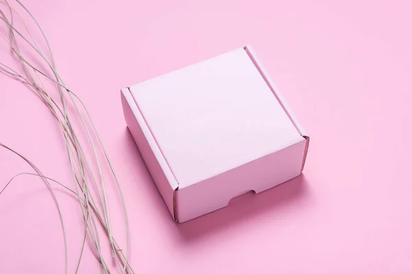 Caja Cartón Rosa Decorada Con Hierba Seca Maqueta — Foto de Stock