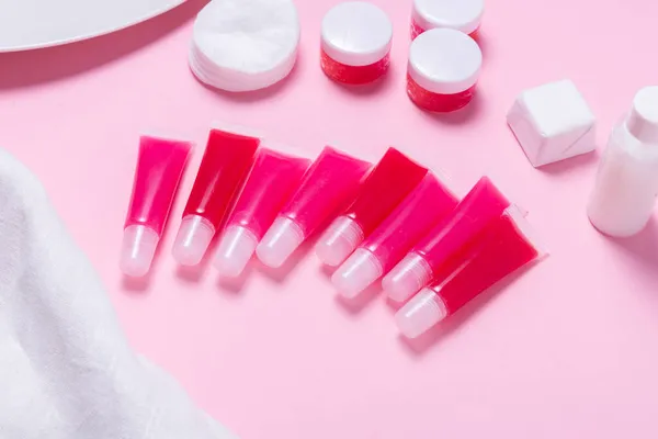 Lot Homemade Lip Glosses Pink Background — Stock Photo, Image
