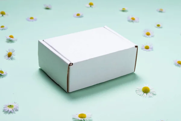 White Cardboard Box Color Background Decorated Fresh Flo — Stock Photo, Image