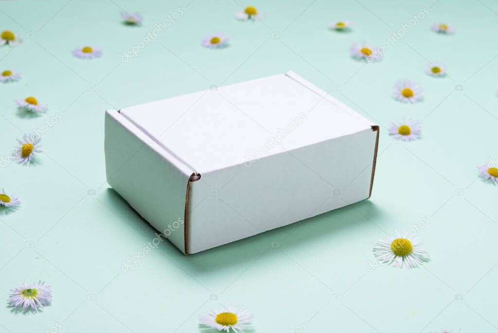 White cardboard box on color background decorated with fresh flo